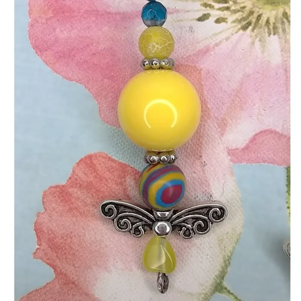 Handmade Beaded Fairy Bag Charm Silver Wings Bright Yellow Whimsical Keychain